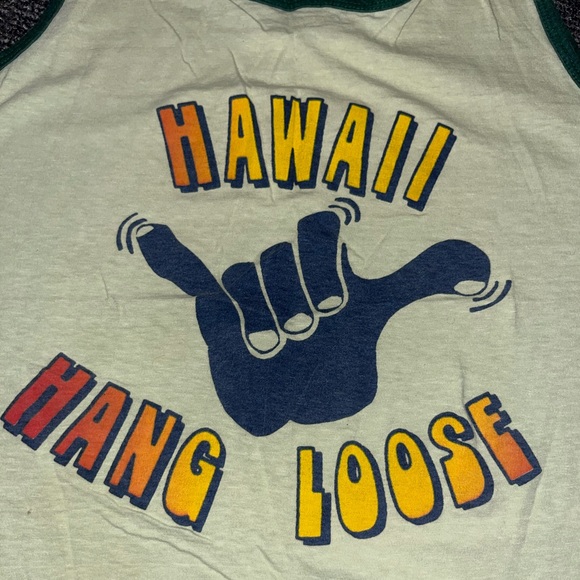 Vintage 1970s Hawaii Hang Loose Shaka Tank Top Light Sage Green Trim - Picture 3 of 4